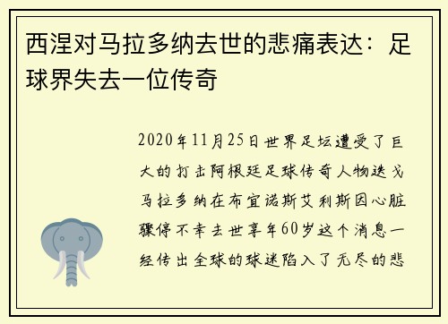 西涅对马拉多纳去世的悲痛表达：足球界失去一位传奇